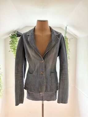 Womens Dark Gray Denim Blazer Jacket - Tailored Two-Button Jean Jacket